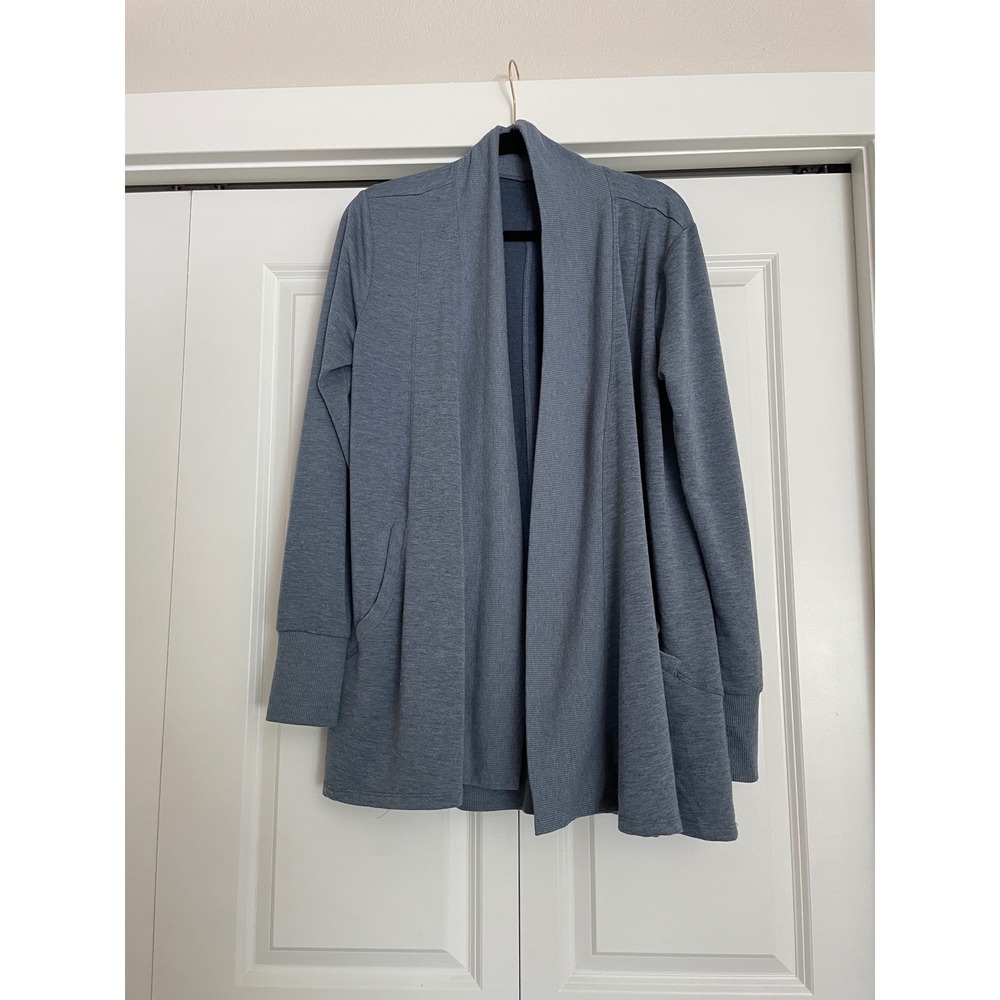 Marika Katie Open Front Cardigan Blue Heathered Knit Ribbed Trim Athleisure-Med